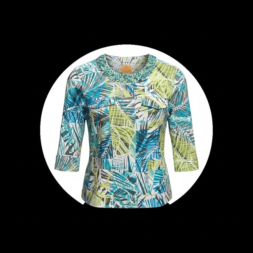 Ruby Rd. Petite Tropical Palm Print Beaded Neck Jacket Turquoise Green 8P